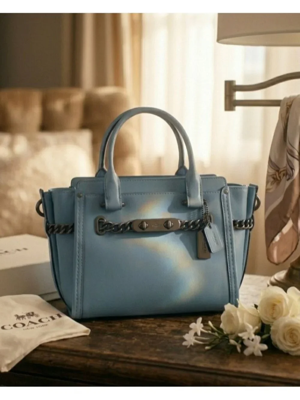 Coach Swagger 27 Cloud Blue Glovetanned Leather Satchel Chain Bag 59542 AUTH - Picture 2 of 16